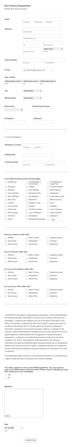 Chiropractic New Patient Registration Form Template