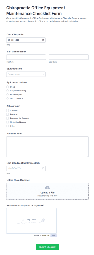 Chiropractic Office Equipment Maintenance Checklist Form Template