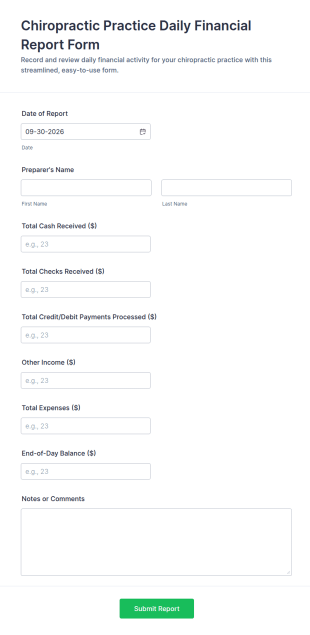 Chiropractic Practice Daily Financial Report Form Template