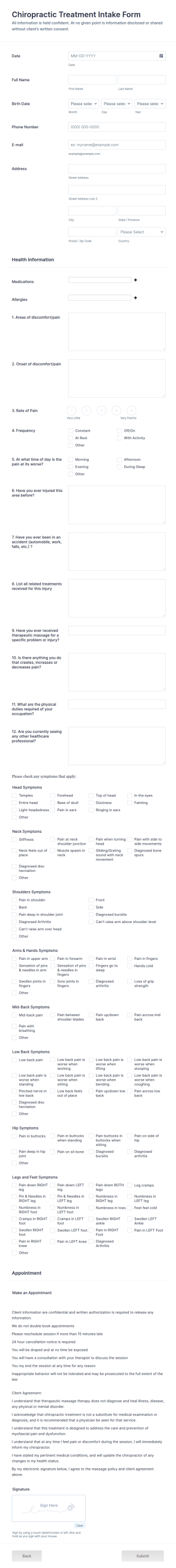 Chiropractic Treatment Intake Form Template
