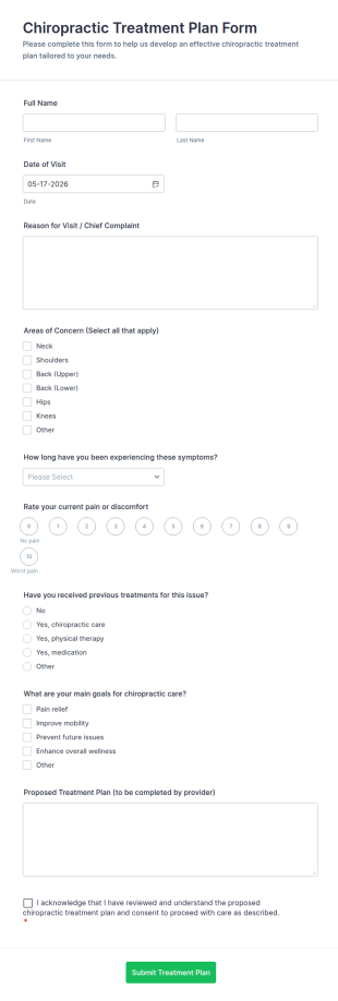 Chiropractic Treatment Plan Form Template