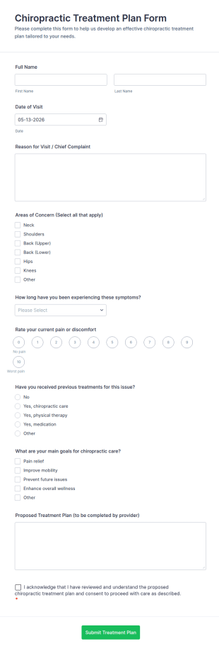 Chiropractic Treatment Plan Form Template