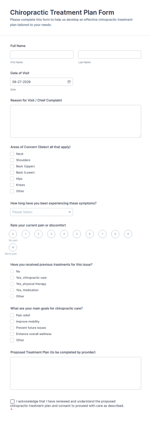 Chiropractic Treatment Plan Form Template