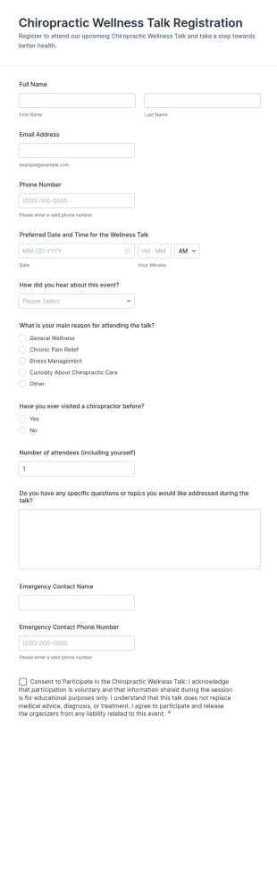 Chiropractic Wellness Talk Registration Form Template