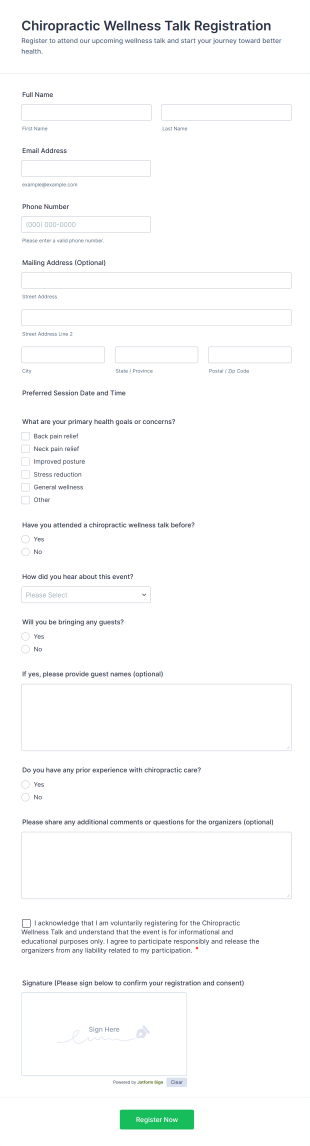 Chiropractic Wellness Talk Registration Form Template