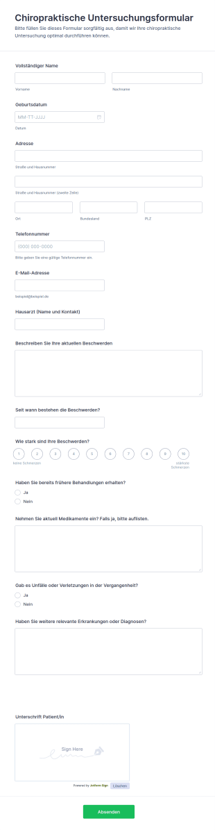 Chiropraktiker Untersuchungsformular