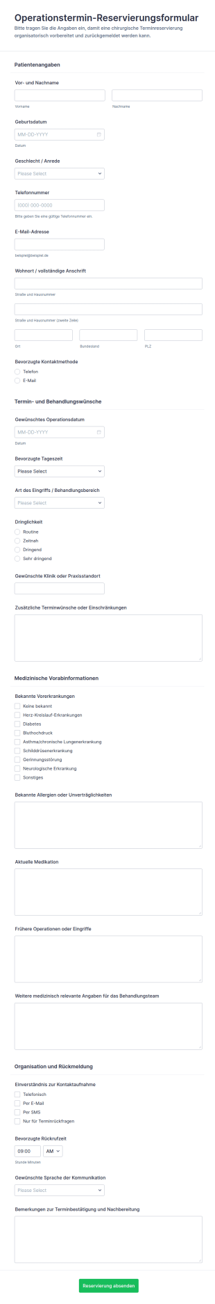 Chirurgie Terminvereinbarungsformular