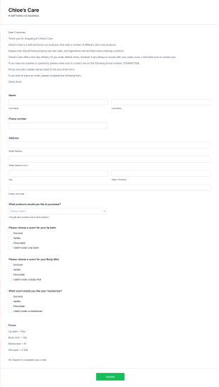 Chloe’s Care Form Template