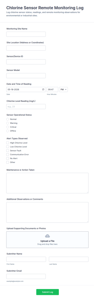 Chlorine Sensor Remote Monitoring Log Form Template