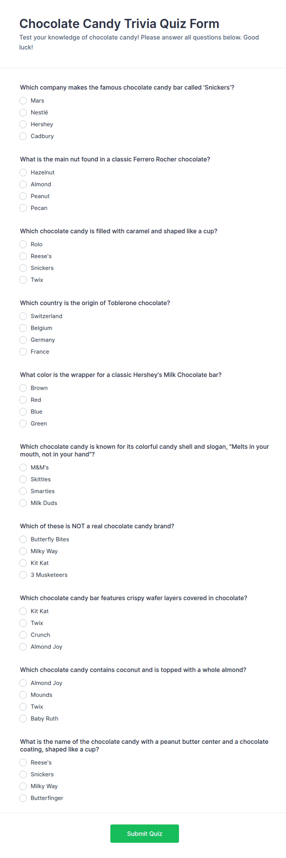 Chocolate Candy Trivia Quiz Form Template | Jotform
