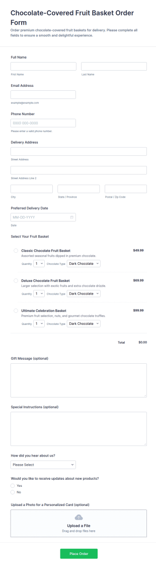 Chocolate Covered Fruit Basket Order Form Template