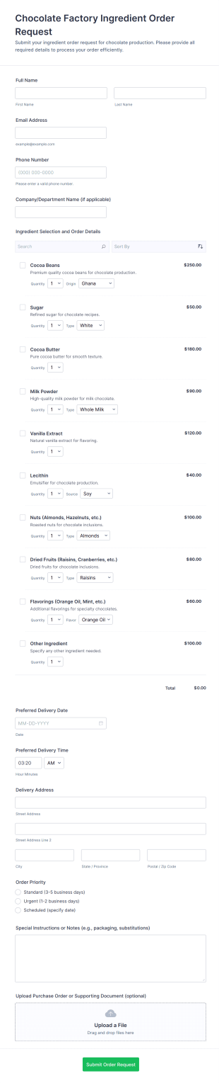Chocolate Factory Ingredient Order Request Form Template