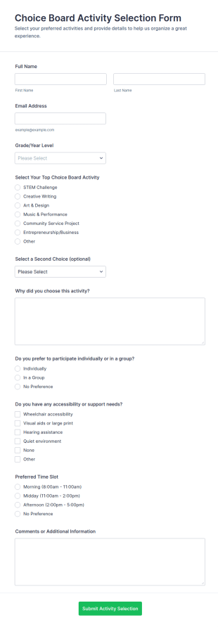 Choice Board Activity Selection Form Template