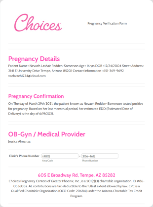 Choices’s Pregnancy Center Patient Information Form Template