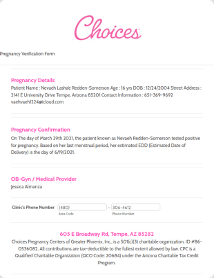 Choices’s Pregnancy Center Patient Information Form Template