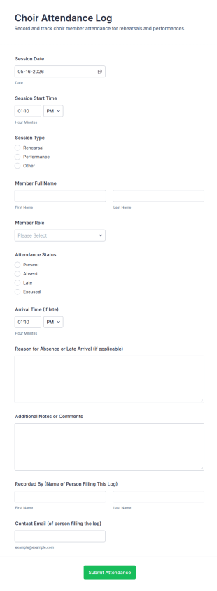 Choir Attendance Log Form Template