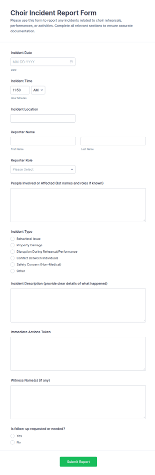 Choir Incident Report Form Template