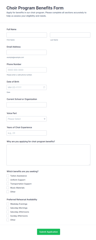 Choir Program Benefits Form Template