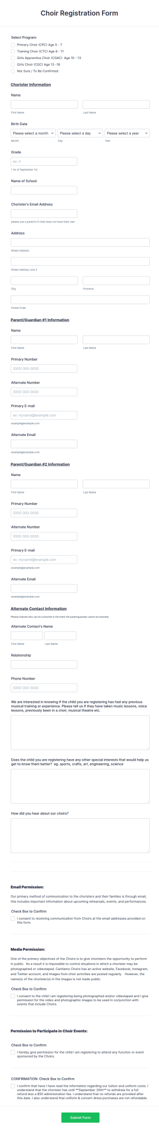 Choir Registration Form Template
