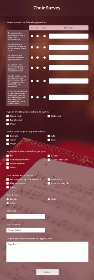 Choir Survey Form Template