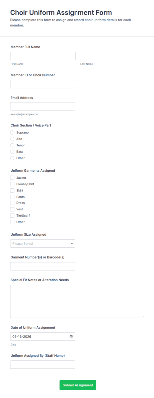 Choir Uniform Assignment Form Template
