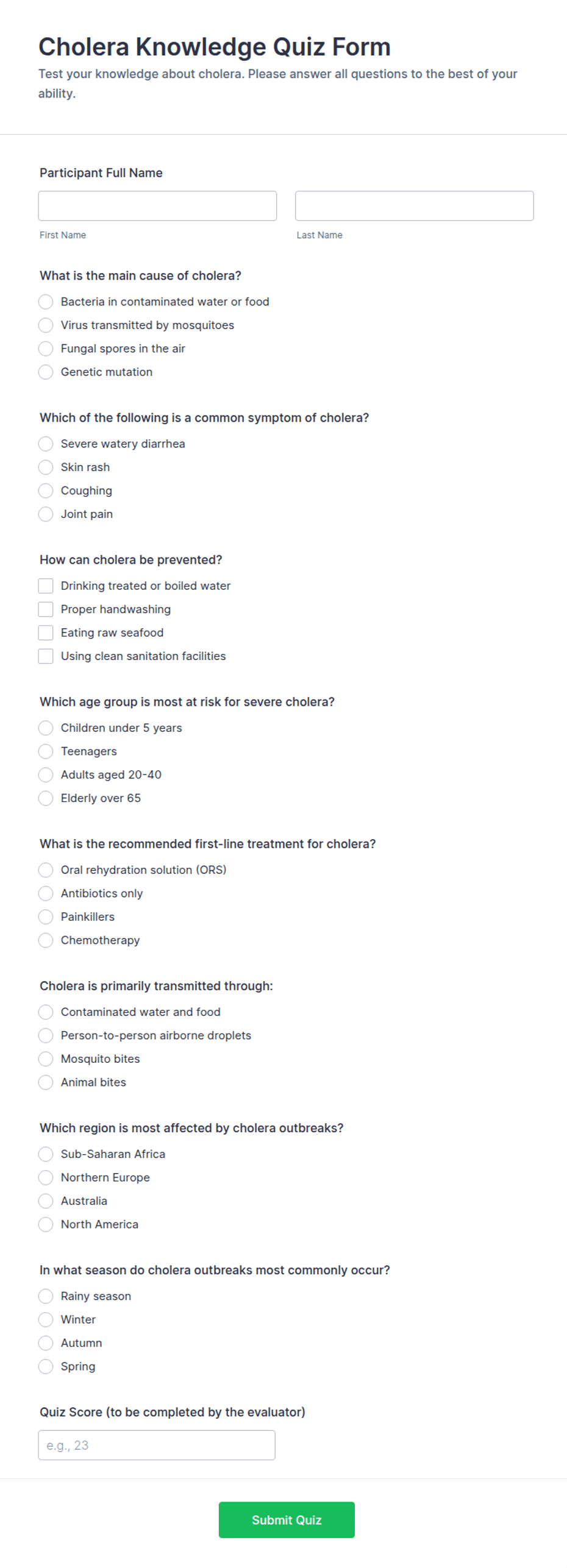 Cholera Knowledge Quiz Form Template | Jotform