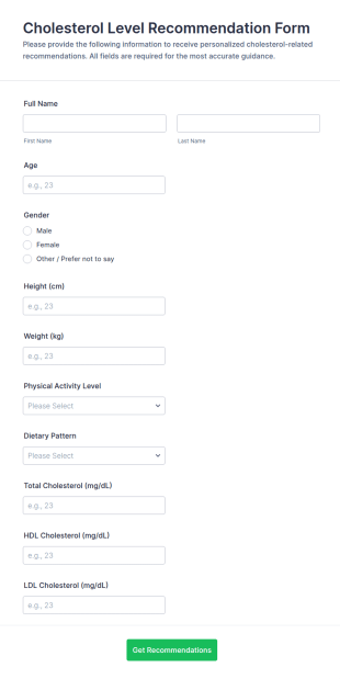 Cholesterol Level Recommendation Form Template