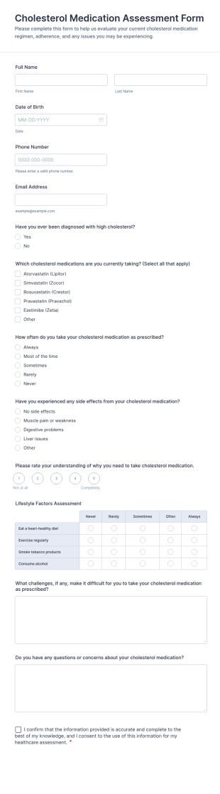 Cholesterol Medication Assessment Form Template