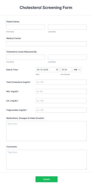 Cholesterol Screening Form Template