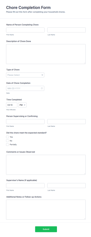 Chore Completion Form Template