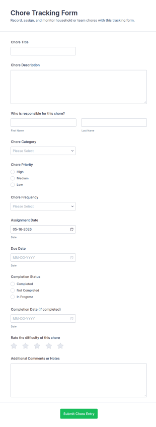 Chore Tracking Form Template
