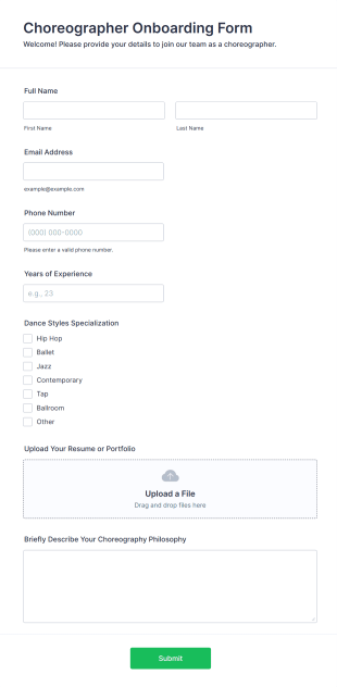 Choreographer Onboarding Form Template