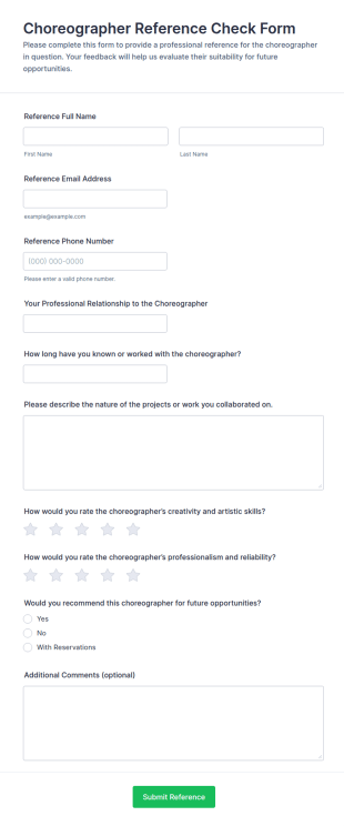 Choreographer Reference Check Form Template