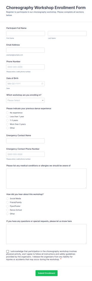 Choreography Workshop Enrollment Form Template