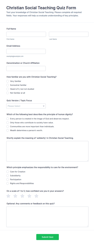 Christian Social Teaching Quiz Form Template