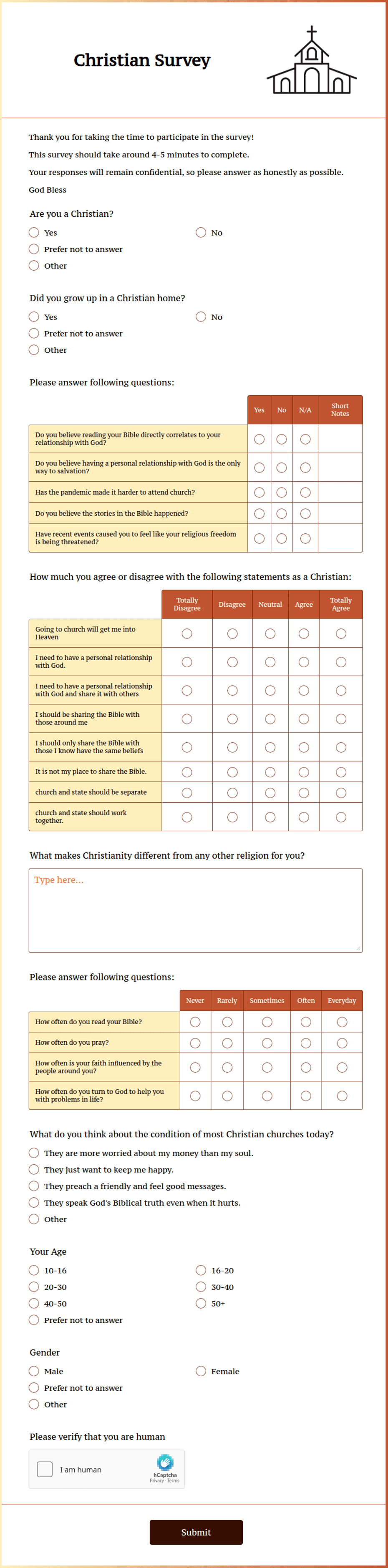 Religious Survey Example Christian Survey Form Template | Jotform