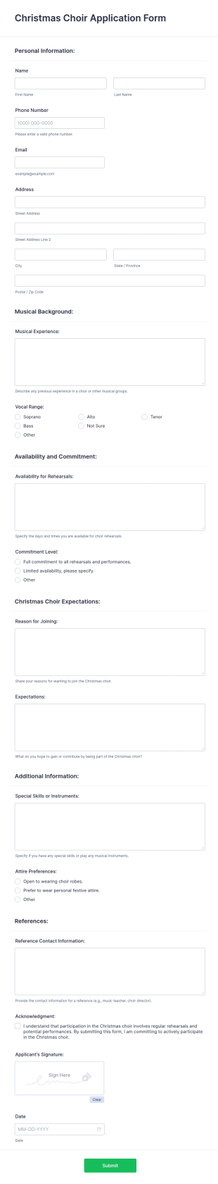 Christmas Choir Application Form Template