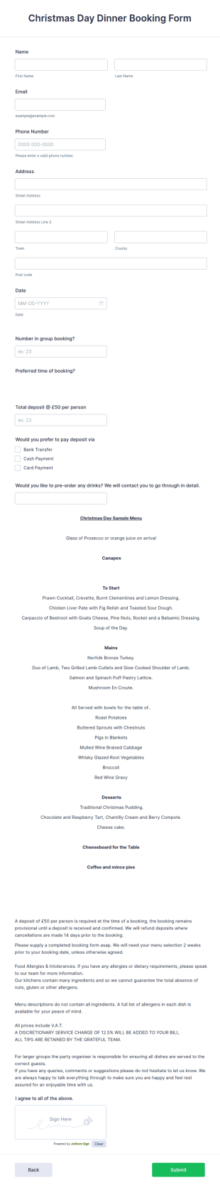 Christmas Day Dinner Booking Form Template