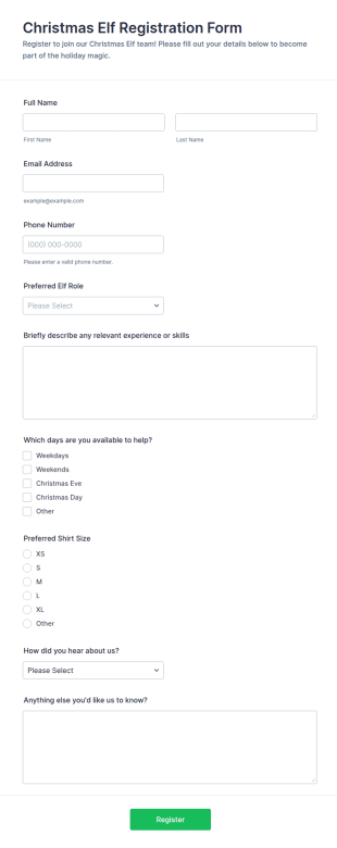 Christmas Elf Registration Form Template