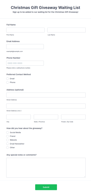 Christmas Gift Giveaway Waiting List Form Template