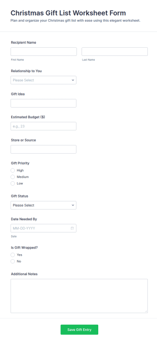 Christmas Gift List Worksheet Form Template
