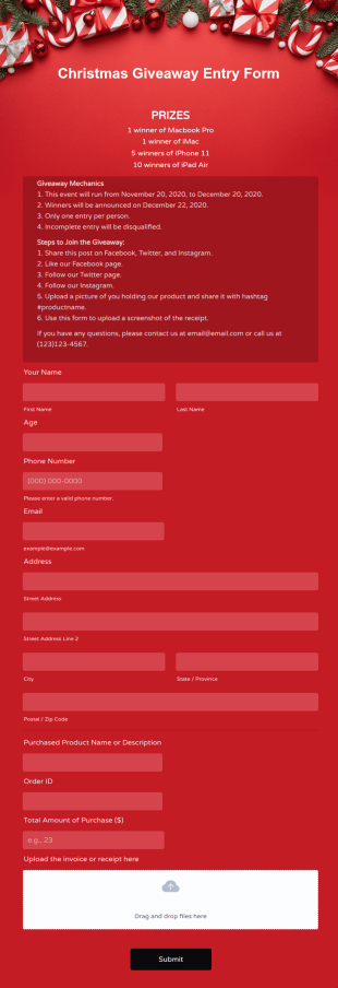 Christmas Giveaway Entry Form Template