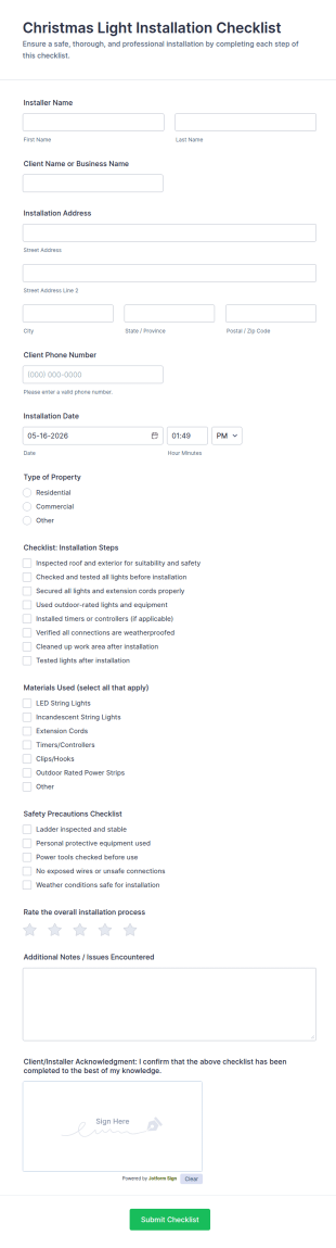Christmas Light Installation Checklist Form Template