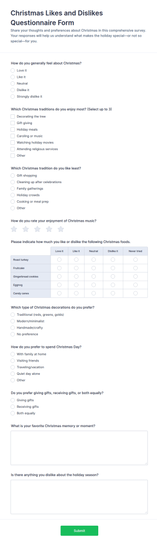 Christmas Likes And Dislikes Questionnaire Form Template