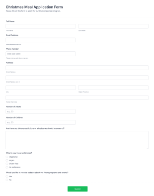 Christmas Meal Application Form Template