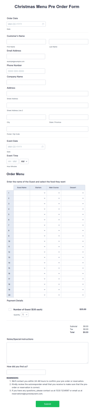 Christmas Menu Pre Order Form Template