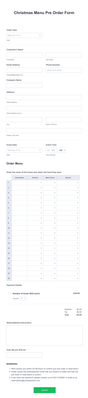 Christmas Menu Pre Order Form Template