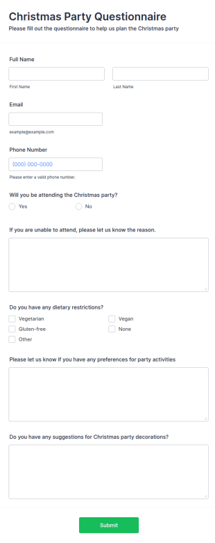 Christmas Party Questionnaire Form Template