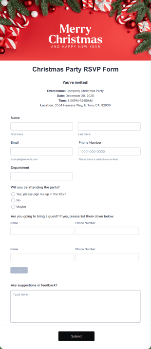 Christmas Party RSVP Form Template