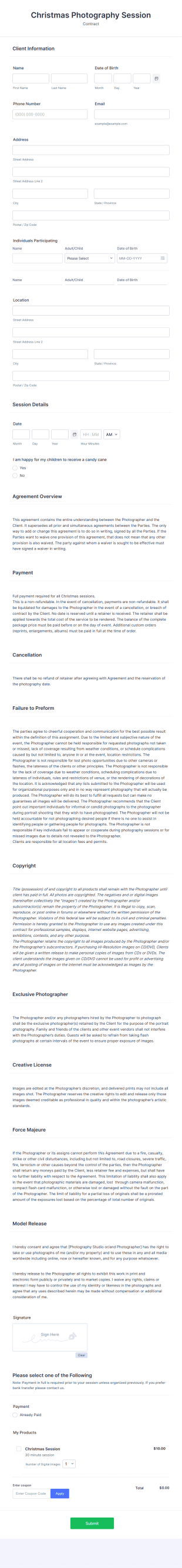 Christmas Photography Session Form Template